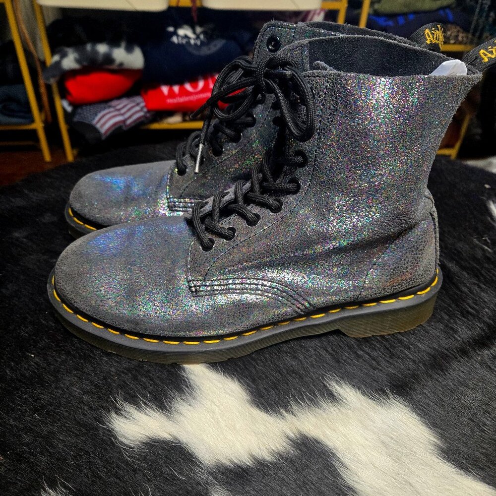 Dr Martens glitter rainbow gunmetal combat boots  punk glam woman’s size 8 9 39